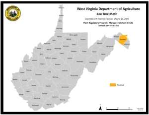 Map showing arrival of Box Tree Moth in West Virginia.