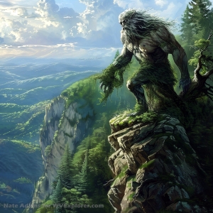 An AI image of the Guardian of the New River Gorge surveys a vast green Appalachian domain.