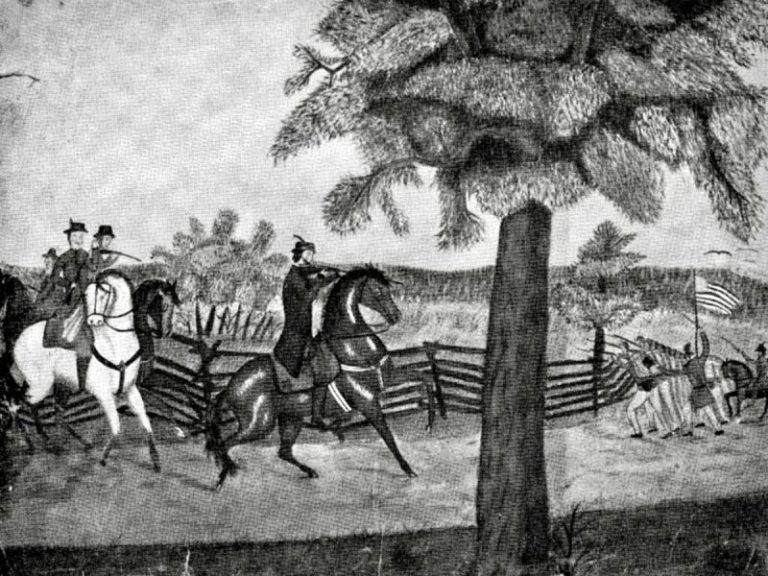 A young Samantha Atkeson witnessed the Battle of Atkeson’s Gate from the window of her home and drew the scene. (From Thomas Atkeson’s "Pioneering in Agriculture,"1937)