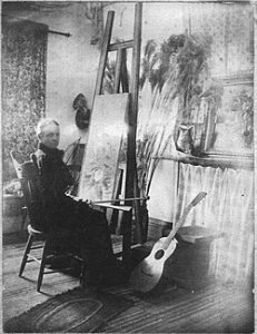 Samantha Atkeson at her easel in old age. 