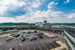 The main terminal at CRW (Yeager Airport) is a small, modern facility with a single concourse and basic passenger amenities. 