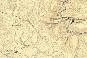 In the prelude to the Battle of Stanaford, union organizers travelled from Qunnimont to Adkinsville, then a section of Beckley, mapped here as "Raleigh."