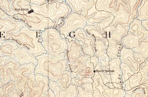 "Shady Springs" (plural) was mapped southeast of "Raleigh" (Beckley) in 1891 by the U.S. Geological Survey.An 1891 map by the U.S. Geologic Survey design