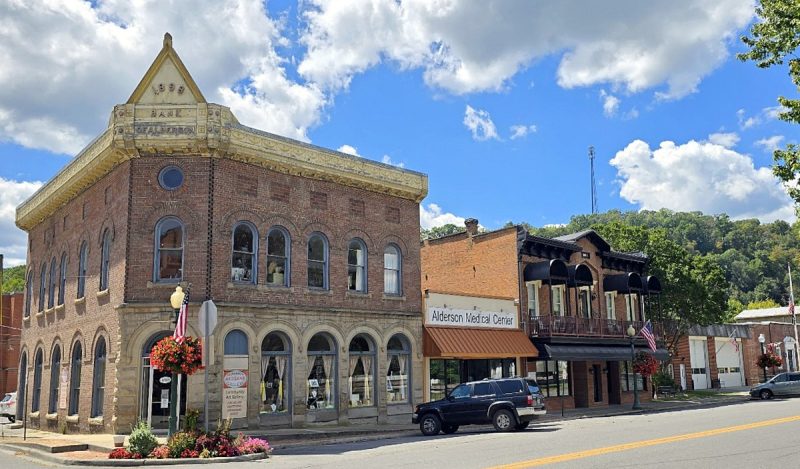 Historic buildings line Raiload Avenue in Alderson, West Virginia.