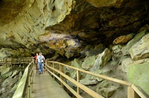 Hikers walk the boardwalk on the Alum Cave Trail at Audra State Park.