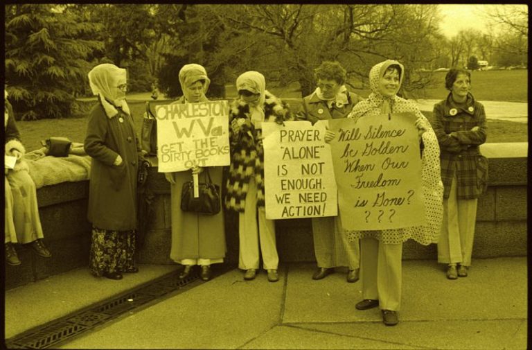 Kanawha County Textbook Wars: Protesters rally in Kanawha County during the textbook conflict.