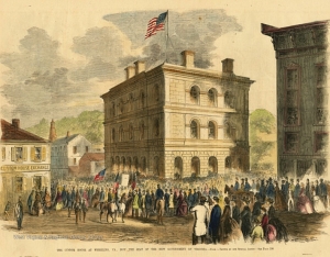 Crowds gather outside the Customs House during the Wheeling Conventions.