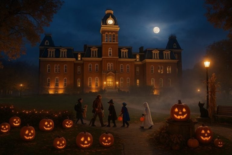 Woodburn Hall at West Virginia University looms over a Halloween scene.