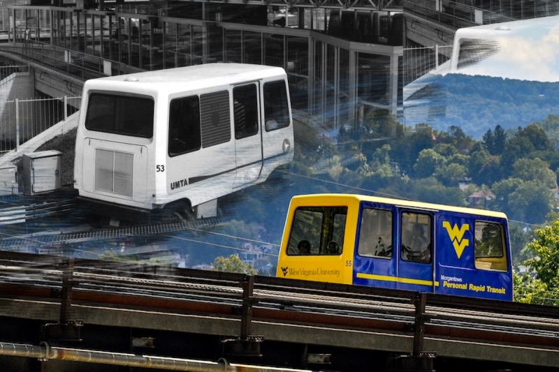 A composite photo shows the West Virginia University PRT system as it appears now and in the 1970s.