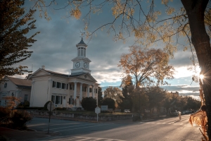 An autumn sun rises beyond the Blue Ridge at Shepherdstown, West Virginia.