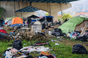 Homeless encamping beneath a viaduct in northern West Virginia.