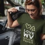 The online shop features T-shirts and sweatshirts showcasing the distinctive “Love WV State Parks” logo