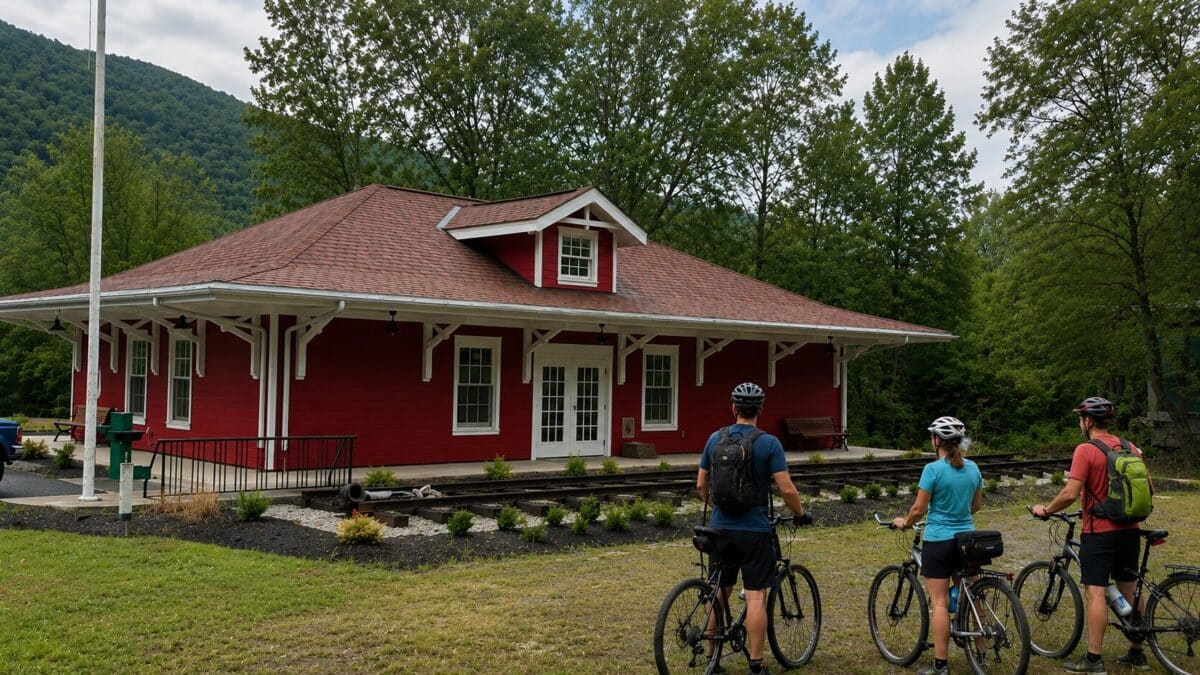 Tourists on bicycles visit the Elk River Trail Visitor Center.