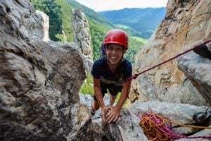 Kelly Heasley at the top of Old Ladies Route at Seneca Rocks. (WVU Photo)