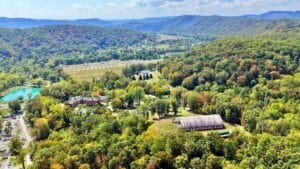 An aerial view of the Pence Springs Hotel includes the valley of the Greenbrier, a favorite destination for anglers. (Photo courtesy Foxfire Realty)