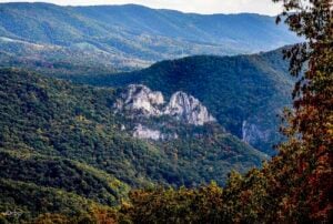 The peaks of North Fork Mountain rise behind Seneca Rocks. (Photo courtesy Rick Burgess)