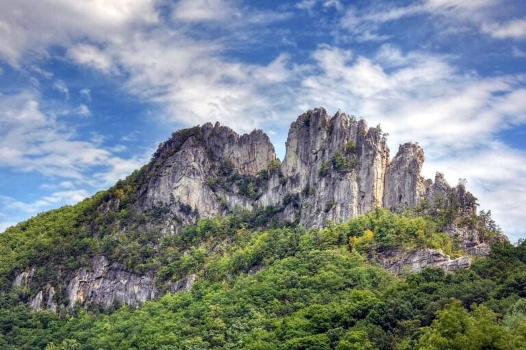 Seneca Rocks towers of above the valley of the North Fork of the South Branch of the Potomac River.
