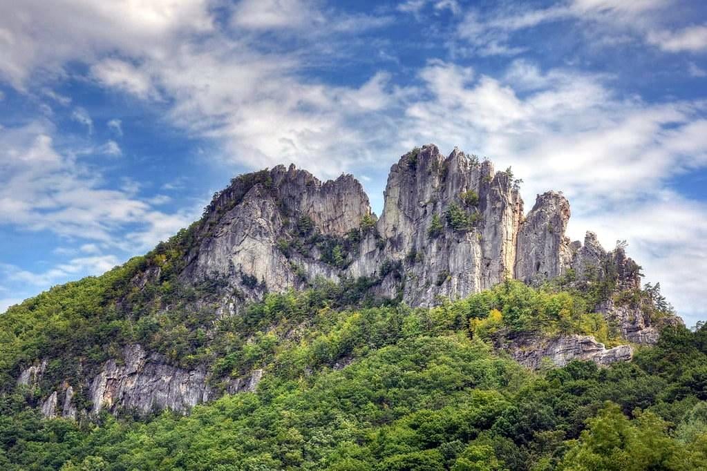 Seneca Rocks towers of above the valley of the North Fork of the South Branch of the Potomac River.