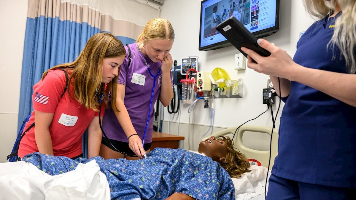 Nursing students gather at the West Virginia Simulation Training and Education for Patient Safety (STEPS) Center.