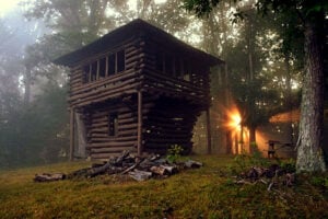 Anne Bailey Lookout Tower rises above the forest at daybreak in Watoga State Park. Named for frontier scout and messenger Anne Bailey, the tower offers sweeping views of the Greenbrier Valley and surrounding mountains. (Courtesy Watoga State Park Foundation)