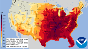 A National Weather Service forecast map shows much of the Mississippi Valley and Atlantic lowlands under intense heat while cooler temperatures persist across the highest elevations of the Appalachian Mountains, including eastern West Virginia's Alleghenies. Higher elevations can be 10 to 15 degrees cooler than nearby valleys during summer heat waves. (National Weather Service)