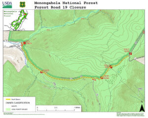 A map provided by the Monongahela National Forest shows the section of Forest Road 19 scheduled to close June 22 for repairs, affecting a major access route to the Dolly Sods Wilderness Area.