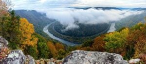 Fog circles around the Great Bend in the New River as seen from the Grandview Rim Trail. (Photo courtesy Rick Burgess)