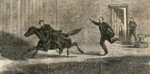 An illustration shows John Wilkes Booth during his escape after the assassination of President Abraham Lincoln. The assassin remained a fugitive for 12 days before federal troops located him near Port Royal, Virginia, ending one of the most famous manhunts in American history.
