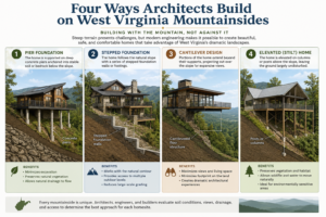 Modern engineering allows architects to adapt homes to West Virginia's steep mountainsides rather than reshape the landscape. Common approaches include pier foundations, stepped foundations, cantilevered designs and elevated structural systems, each allowing homes to take advantage of scenic views while responding to challenging terrain. (Illustration by WVExplorer)