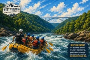 Illustration depicting a commercial rafting trip entering whitewater in the New River Gorge beneath the iconic New River Gorge Bridge. The gorge combines nationally recognized rapids, forested mountains, and one of America's newest national parks, making it one of the East's premier adventure destinations.
