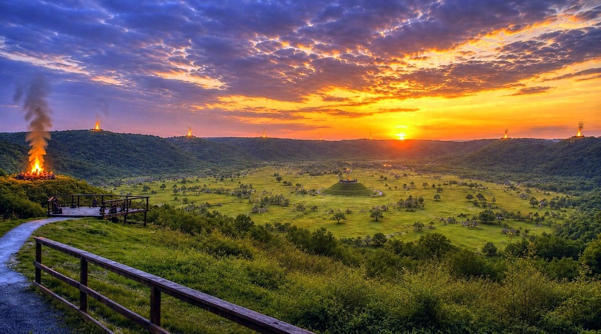 An illustration depicts the ceremonial landscape that once surrounded Grave Creek Mound in present-day Moundsville, where archaeologists say earthworks and plazas formed one of the Ohio Valley's most significant prehistoric ceremonial centers. (Illustration: Chris Kennedy)