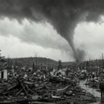 Illustration of the 1944 Shinnston tornado in Harrison County, West Virginia, one of the deadliest tornadoes in state history.