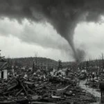 Illustration of the 1944 Shinnston tornado in Harrison County, West Virginia, one of the deadliest tornadoes in state history.