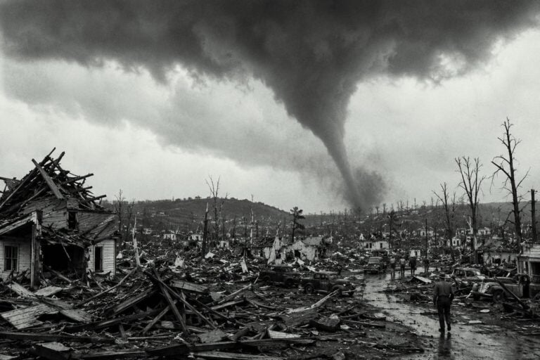 Illustration of the 1944 Shinnston tornado in Harrison County, West Virginia, one of the deadliest tornadoes in state history.