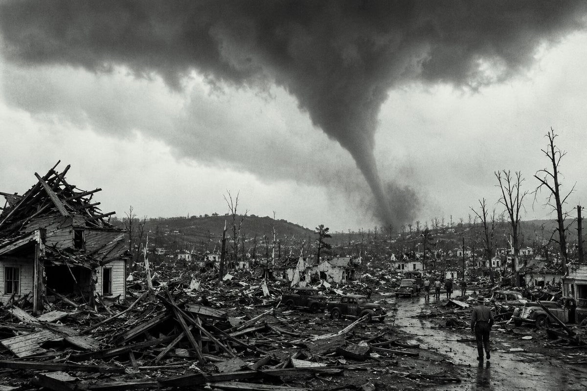 Illustration of the 1944 Shinnston tornado in Harrison County, West Virginia, one of the deadliest tornadoes in state history.