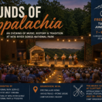 An illustration depicts musicians performing at Grandview's Cliffside Amphitheater overlooking the New River Gorge. The annual Sounds of Appalachia program celebrates the mountain music, storytelling and cultural traditions of southern West Virginia. (Illustration/WVExplorer)