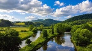 More than 300 hundred miles upstream of the New River Gorge, the gentle south for of the New River meanders through a Blue Ridge pasture.