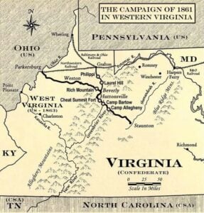 Map of the 1861 Western Virginia Campaign showing Rich Mountain Battlefield, Cheat Summit Fort, Camp Bartow and Camp Allegheny along the Staunton-Parkersburg Turnpike. The Civil War campaign helped secure Union control of western Virginia and paved the way for the creation of West Virginia.