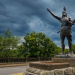 The Mingo Statue has greeted travelers atop Wheeling Hill since 1928. Created by Wheeling artist Henry Beu, the monument honors Native peoples associated with the Ohio Valley and remains one of the city's most recognizable landmarks. (Photo: David Sibray)