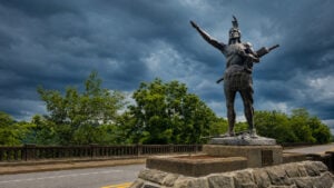 The Mingo Statue has greeted travelers atop Wheeling Hill since 1928. Created by Wheeling artist Henry Beu, the monument honors Native peoples associated with the Ohio Valley and remains one of the city's most recognizable landmarks. (Photo: David Sibray)