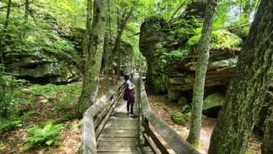An elaborate system of boardwalks weaves throught the boulders at Beartown State Park.