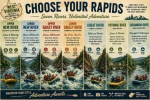 Illustration comparing some of West Virginia's best-known commercial rafting experiences, from family-friendly floats on the Upper New River to the legendary Class V rapids of the Gauley. While stylized for illustration, the guide highlights the remarkable variety of whitewater adventures available across the Mountain State.