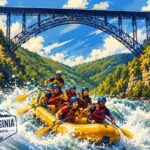 Illustration of a commercial rafting trip running whitewater beneath the New River Gorge Bridge in southern West Virginia. The state's combination of nationally recognized rivers, dramatic mountain scenery, and outdoor adventure has made it one of the East's premier rafting destinations.