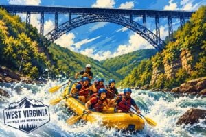 Illustration of a commercial rafting trip running whitewater beneath the New River Gorge Bridge in southern West Virginia. The state's combination of nationally recognized rivers, dramatic mountain scenery, and outdoor adventure has made it one of the East's premier rafting destinations.