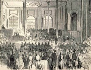 Illustration of delegates attending the 1861 Wheeling Convention at the Customs House in Wheeling, Virginia, a pivotal event in the creation of West Virginia.