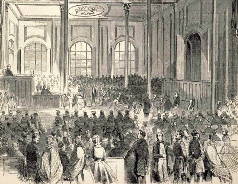 Illustration of delegates attending the 1861 Wheeling Convention at the Customs House in Wheeling, Virginia, a pivotal event in the creation of West Virginia.