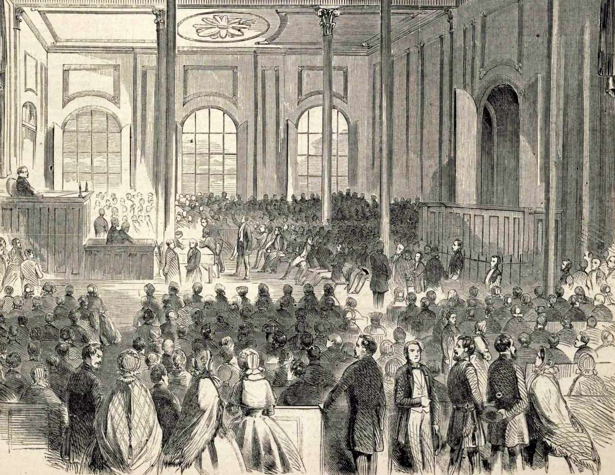 Illustration of delegates attending the 1861 Wheeling Convention at the Customs House in Wheeling, Virginia, a pivotal event in the creation of West Virginia.