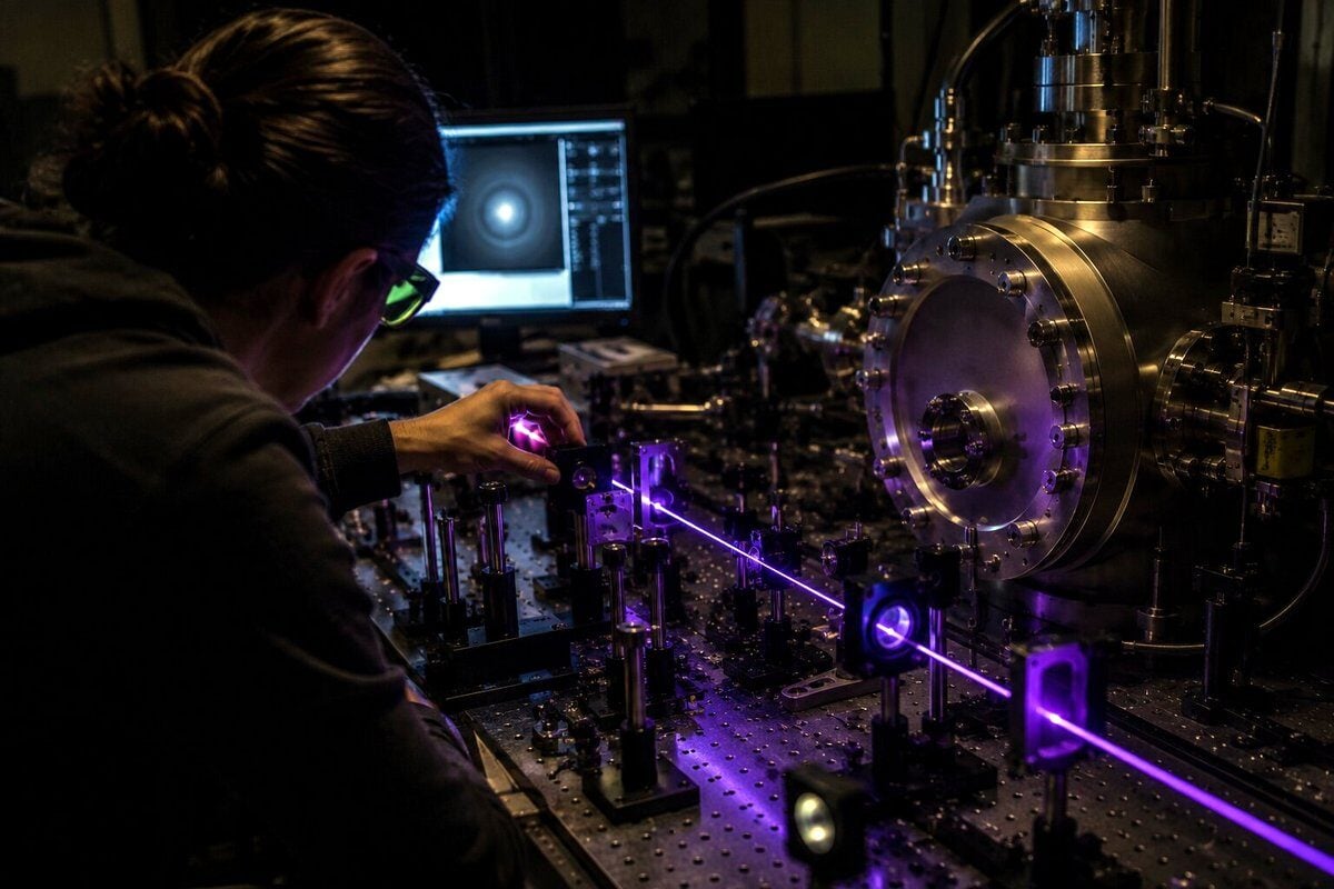 A researcher adjusts laser-based equipment used to study plasma behavior in a laboratory setting. Scientists at West Virginia University are developing new methods that could advance technologies ranging from semiconductor manufacturing to spacecraft propulsion and fusion energy.