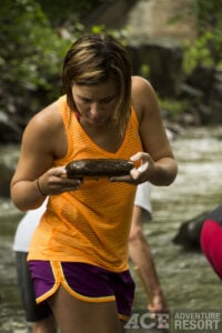 An educational program participant examines a pebble in the New River during an ACE Adventure Resort STEM education program, where hands-on lessons introduce geology, hydrology and ecology in the New River Gorge. (Courtesy of ACE Adventure Resort)