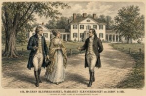 An illustration depicts Harman and Margaret Blennerhassett walking with former Vice President Aaron Burr on Blennerhassett Island in the Ohio River near present-day Parkersburg. Their elegant frontier estate became the center of Burr's mysterious western expedition, one of the most controversial episodes in early American history.